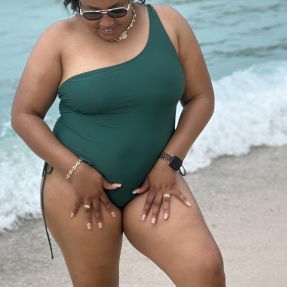 Viottiset One Shoulder Ruched Tummy Control High Cut Army Green Swim Suit SZ XL - Picture 5 of 11